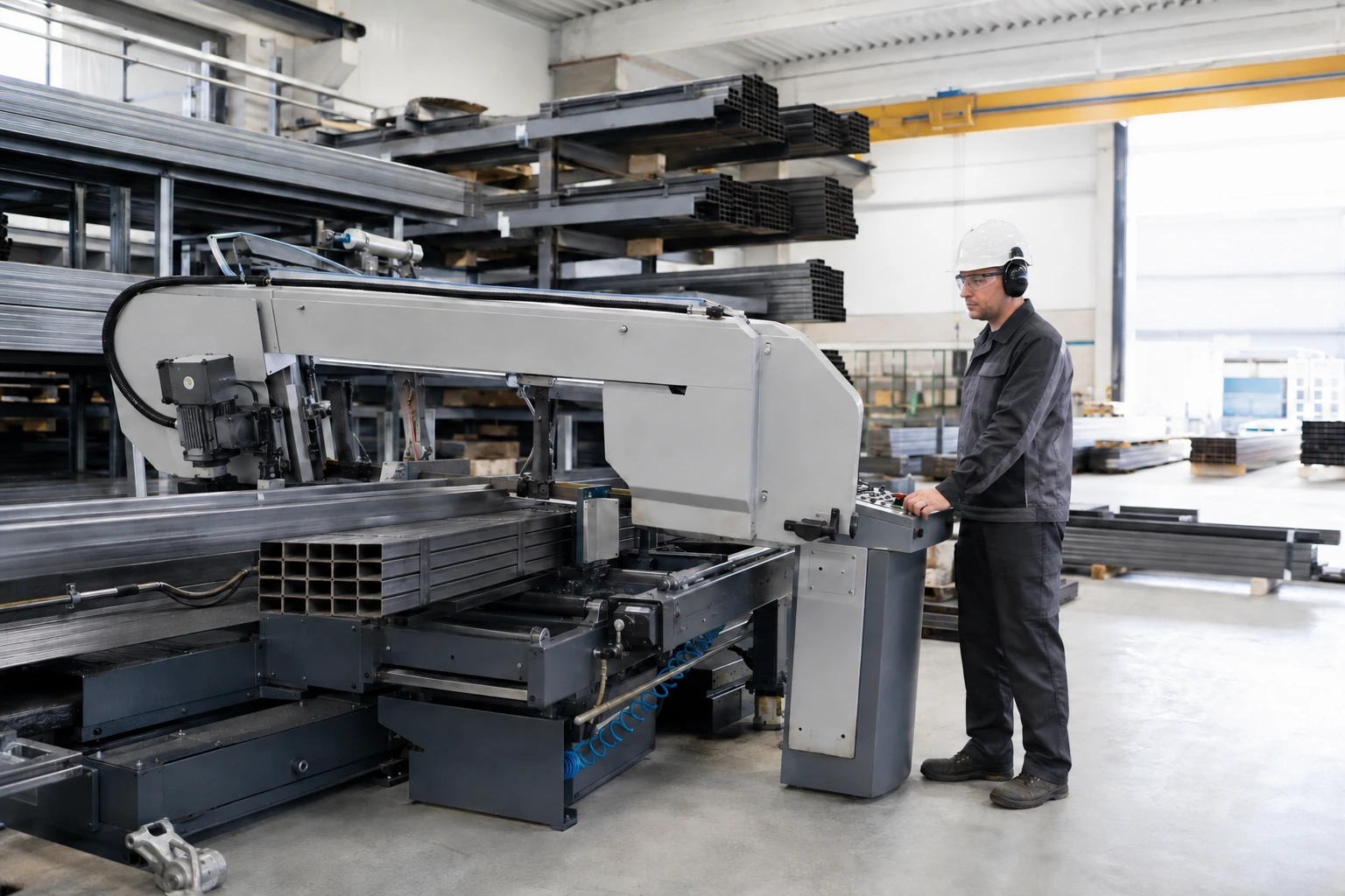 Fachkraft an einer horizontalen Metallbandsäge im hellen Zuschnittbereich eines Eisenhandels
